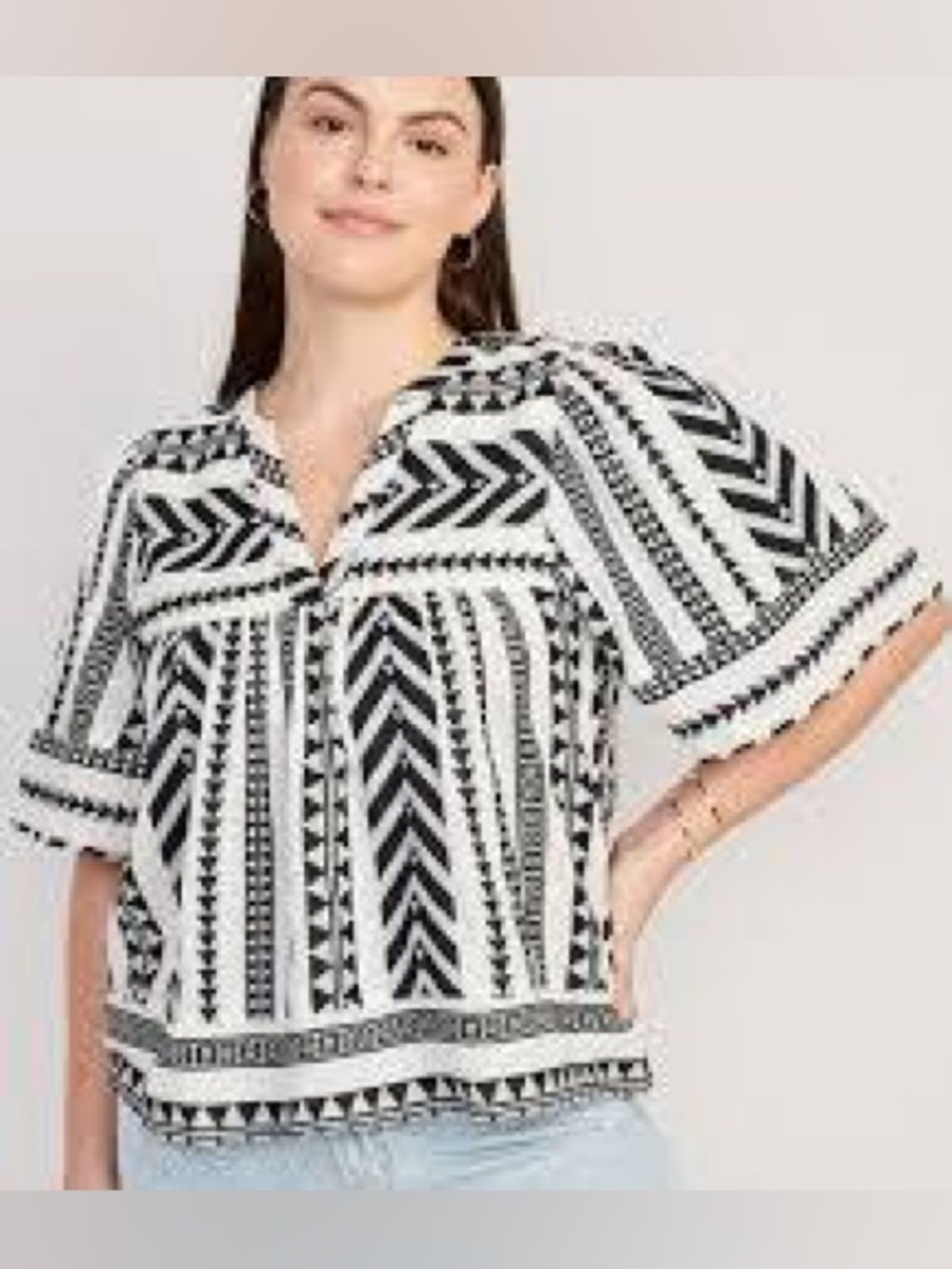 Old Navy Black & White Lined Tribal Print Blouse Women's Plus 3X Aztec Babydoll - Picture 2 of 14